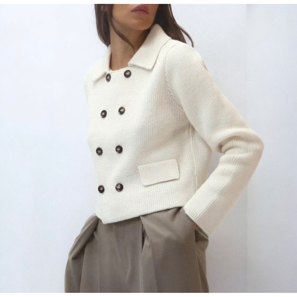 Zara Double-Breasted Button Knit Cardigan with Flat‎ Lapel Cream Size Small NWT